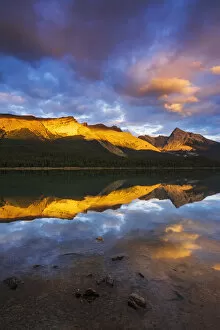 Canada Collection: Evening light on Maligne Lake and Sampson Peak, Jasper National Park, Alberta, Canada