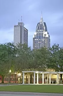 Evening lighting buildings Cathedral Plaza downtown Mobile Alabama