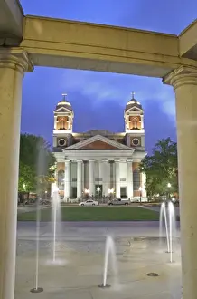 Evening lighting Cathedral of the Immaculate Conception at Cathedral Plaza downtown