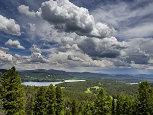 Evergreens, clouds and view of Emma Matilda Lake and Two Ocean Lake, Grand Teton