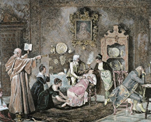 Holding Prints: Exorcism. Cleric doing a spell against the evil spirit. Engraving by Recorded by C