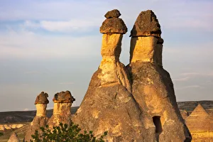 Fairy chimney rock formation in Goreme at sunset, Cappadocia (UNESCO World Heritage Site)