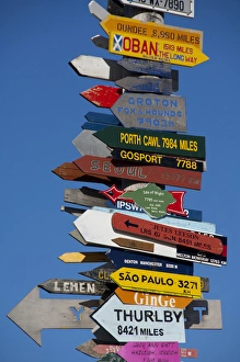 Falkland Island, Stanley (aka Port Stanley). Stanley Totem Pole, colorful directional
