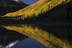 Images Dated 26th September 2016: Fall colors and Red Mountain reflected on Crystal Lake at sunrise, near Ouray, Colorado