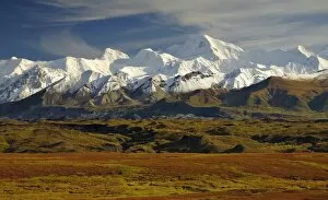 Fall tundra fronts snow-capped peaks in the Alaska Range