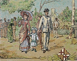Parent Prints: Family walking. Barcelona. Catalonia. Spain. 1885