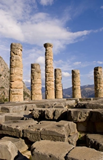 Famous ruins of the Temple of Apollo in the historical town of Delphi, Greece