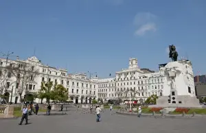 Images Dated 2028 October: Famous San Martin Square in center of Lima Peru with flowers and families and tourists