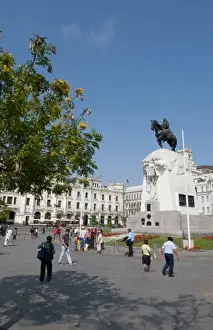 Images Dated 2028: Famous San Martin Square in center of Lima Peru with flowers and families and tourists