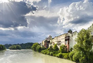 Thunderstorm Prints: The famous waterfront and river Inn. The medieval old town of Wasserburg am Inn in