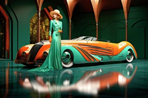 AI Generated Image Prints: Fantasy 1930's sports car and 1930's female fashion model