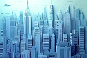 Ai Generated Prints: Fantasy blue downtown city landscape. (AI Generated)