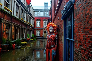 Headdress Prints: Fantasy of blue woman in an English courtyard