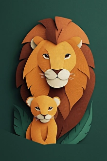 Ai Generated Prints: Fantasy close-up of male lion and cub. (AI Generated)