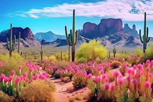 Ai Generated Prints: Fantasy of desert cacti and colorful flowers. (AI Generated)