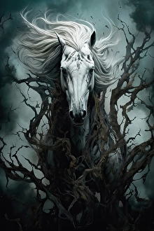 AI Generated Image Prints: Fantasy of horse charging through forest