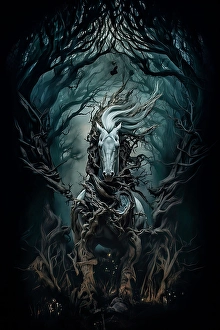 AI Generated Image Prints: Fantasy of horse charging through forest