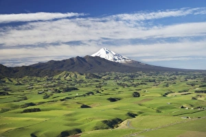 Rolling Hills Prints: Farmland near Okato, and Mt Taranaki / Mt Egmont, Taranaki, North Island, New Zealand