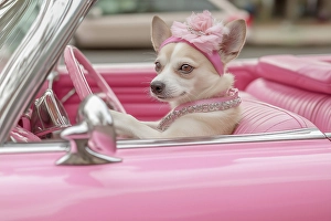 Ai Generated Prints: Female dog driving pink convertible auto. (AI Generated)