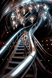 AI Generated Image Prints: Female model on chrome staircase