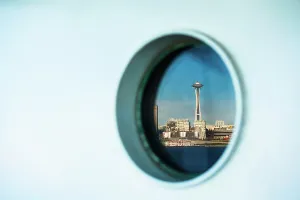 Elliott Bay Prints: Ferry porthole reflection of the Space Needle, Seattle, Washington State, USA