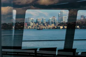 Danita Delimont New Images May 2025 Prints: Ferry window views of the Seattle waterfront, Washington State, USA