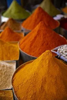 Spice Prints: Fez, Morocco. Colorful ground spices tower shaped, farmers market