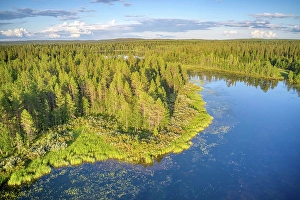 Images Dated 17th July 2024: Finland, North Ostrobothnia, Rukatunturi area. Aerial views of forest, lakes and marshes