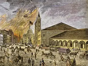 Contemporary Period Prints: Fire in the city of Providence in 1886. The Exchange building on the right