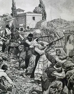 Woman Prints: FIRST WORLD WAR (1914-1918). Inhabitants of town of Serbia fight against austrian troops (1914)