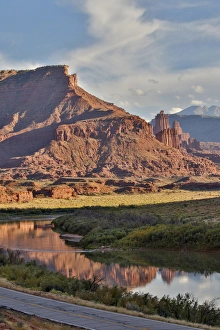 Fisher Tower Prints: Fisher Towers reflected in Colorado River with Highway below, Utah in evening light