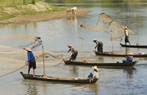 Burma Prints: Fishermen fishing on the river, Bago, Bago Region, Myanmar