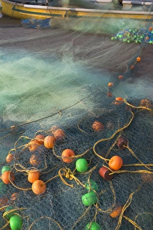 Buoy Prints: Fishing boat and fishing net on the beach, Goa, India