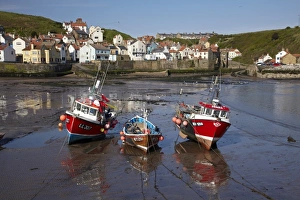 England Prints: Fishing boats at low tide, Staithes, North Yorkshire, England