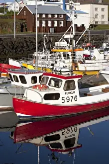 Terrain Prints: Fishing boats mirrored in the waters of the inner harbor of Stykkisholmur, Iceland