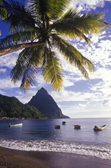 Images Dated 7th June 2007: Fishing boats and Petit Piton, Souffriere, St Lucia, Caribbean