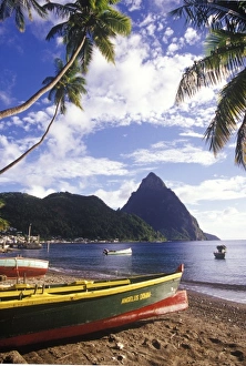 St Lucia Prints: Fishing boats and Petit Piton, Soufriere, St Lucia, Caribbean