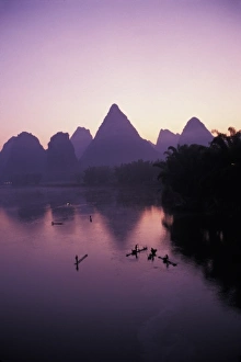 Guangxi Province Prints: Fishing rafts on the Li River at dawn, Guangxi Province, China