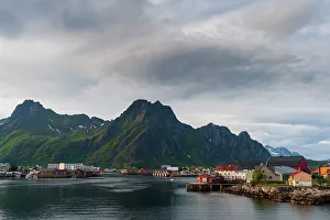 Nordland Prints: The fishing village of Svolvaer nestled around a harbor on a mountainous island in the Vestfjorden