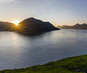 Mountains Prints: Fjord Fuglafjordur and Leirviksfjordur at sunset, in the background the mountains