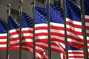 US flags, Rockefeller Plaza, New York, NY, USA