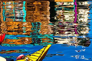 British Columbia Collection: Floating Home Village Yellow Red Kayaks Houseboats Blue Reflection Inner Harbor