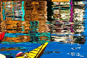 Kayak Prints: Floating Home Village Yellow Red Kayaks Houseboats Blue Reflection Inner Harbor