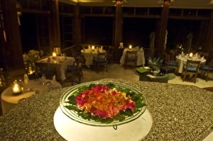 Floral arrangements in dining room on resort in Fregate Island (PR)