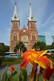 Historical Building Prints: Flower and Notre-Dame Cathedral Basilica of Saigon, Ho Chi Minh City (Saigon), Vietnam