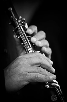 Instrument Prints: flute being played in black and white by gypsy