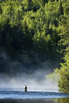 Jerry Marcy Monkman Prints: Fly-fishing in the early morning mist on the Androscoggin River just below the dam in Errol
