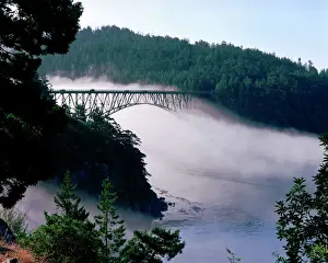 Recreation Prints: Fog drifts under the Deception Pass bridge at Deception Pass State Park