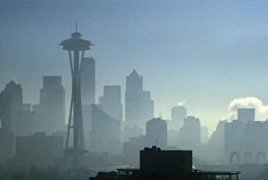 Space Needle Prints: Foggy Skyline with Space Needle, Seattle, Washington, United States, US