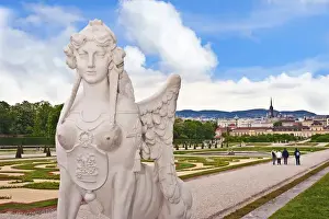 Vienna Prints: The formal gardens of Schloss Schonbrunn palace overlooking the city of Vienna, Wein